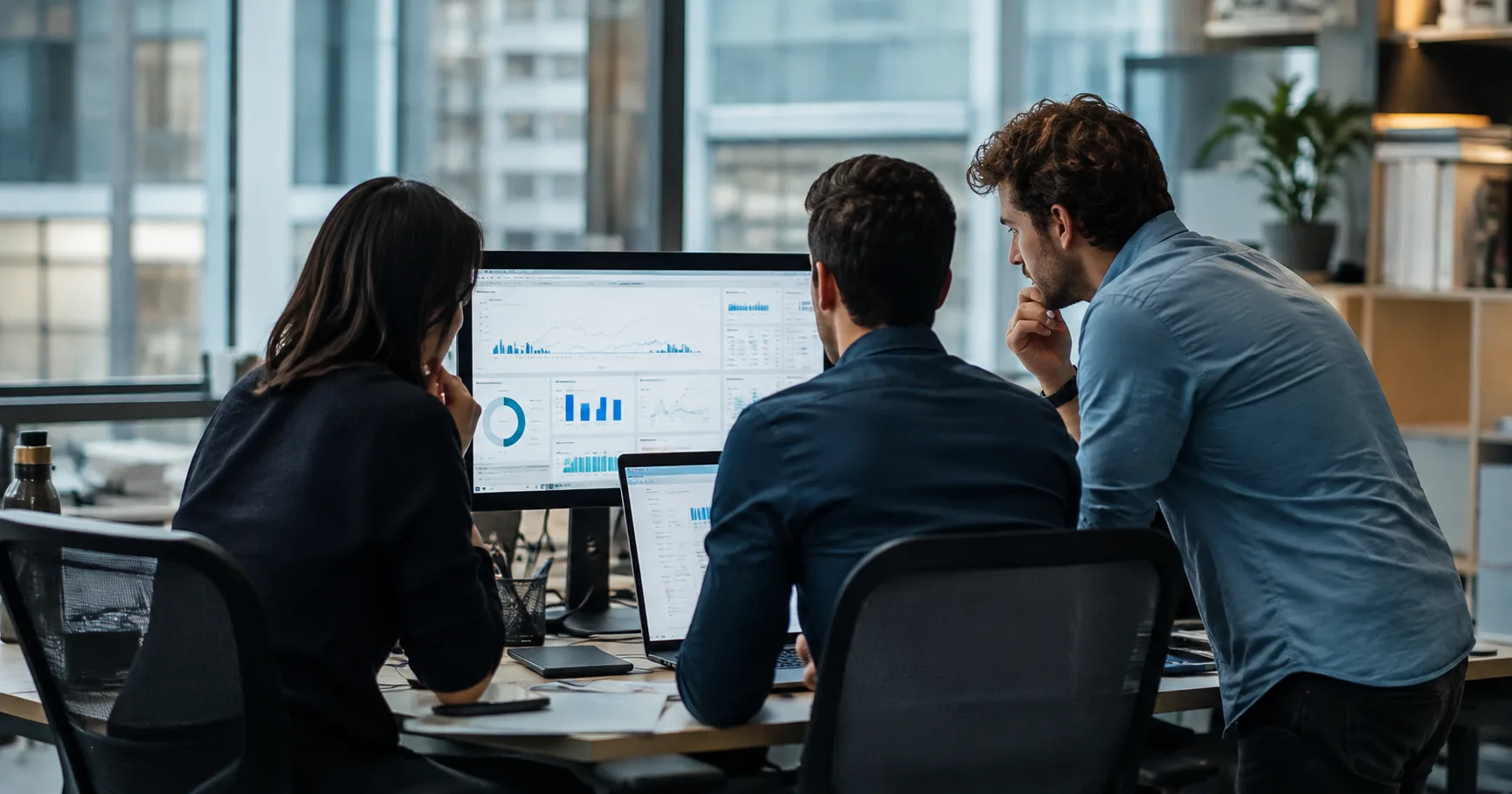 Three professionals follow charts on a monitoring dashboard on a desktop screen, in a room overlooking the city.